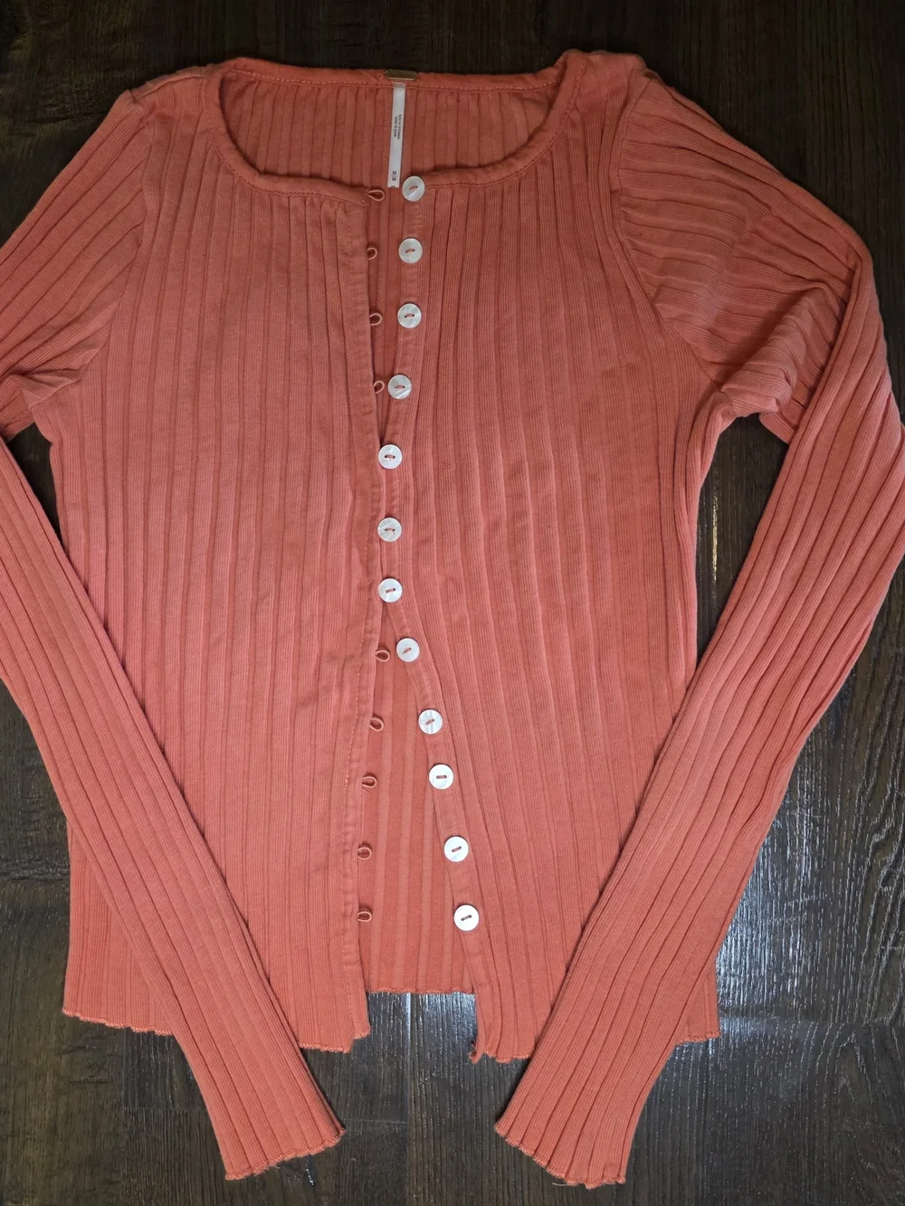 Free People Ribbed Henley Cardigan Top | Coral Pink Long Sleeve Button Front | S
